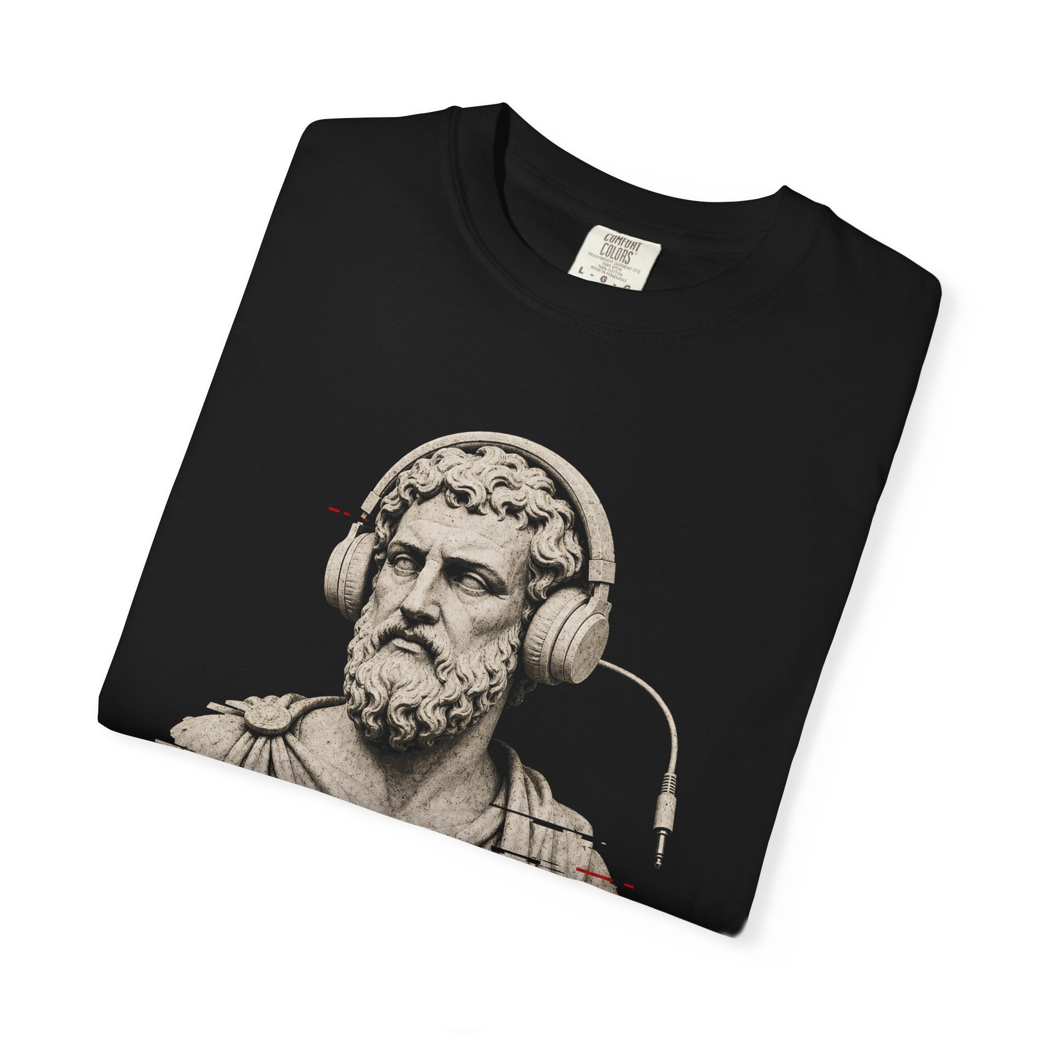 classical bust with disconnected headphones