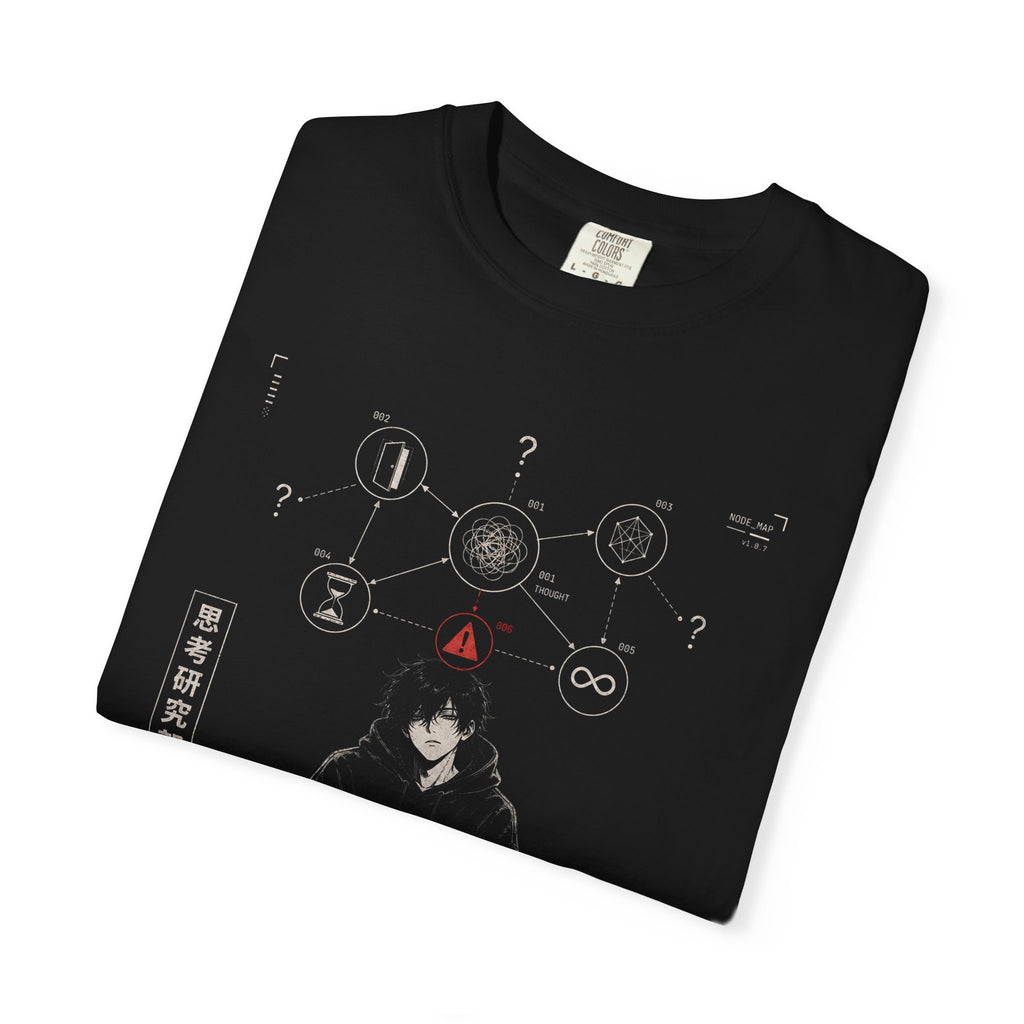 calm anime thinker with warning symbol