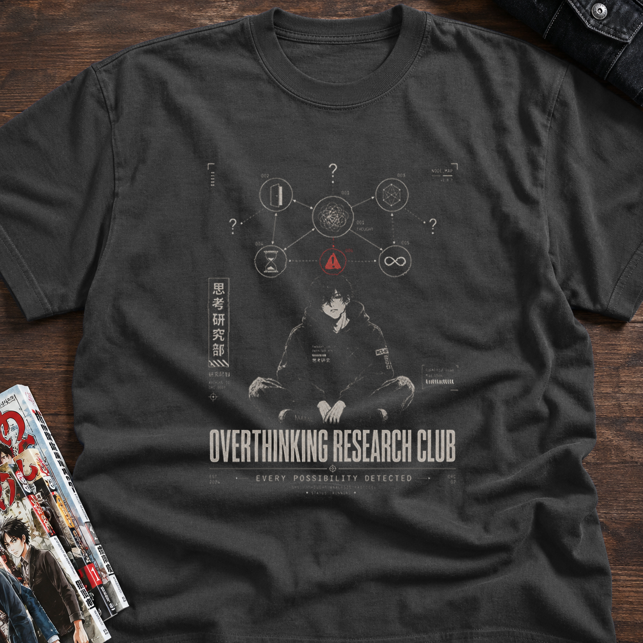 calm anime thinker with warning symbol